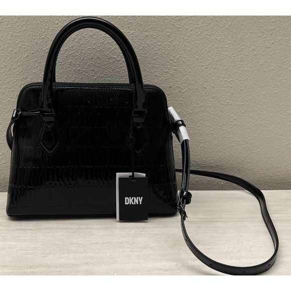 DKNY R33DXH72 Black Patent Brookdale Dome MD PU Leather Crossbody Satchel - Picture 1 of 12